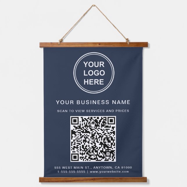 Firmenlogo und QR-Code blau Wandteppich Mit Holzrahmen (Vorderseite)