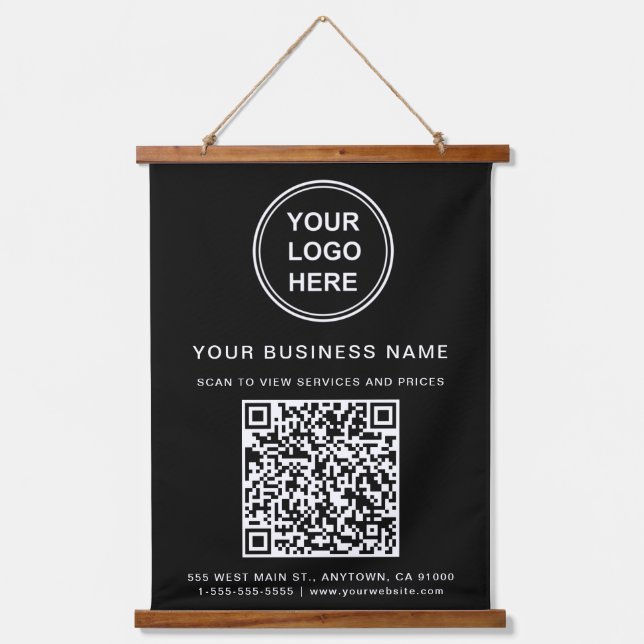 Firmenlogo und QR-Code schwarz Wandteppich Mit Holzrahmen (Vorderseite)