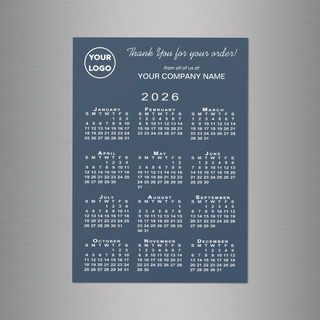 Firmenlogo Vielen Dank 2026 Calendar Navy Magnet (Business Logo Thank You 2026 Calendar Navy Magnet in situ)