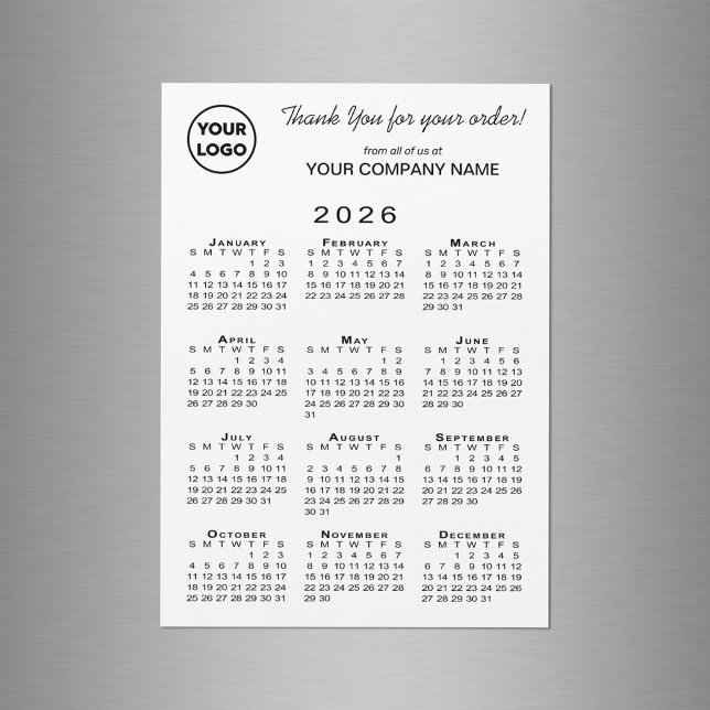 Firmenlogo Vielen Dank, Kalendermagazin 2026 Magnetkarte (Business Logo Thank You 2026 Calendar Magnet in situ)