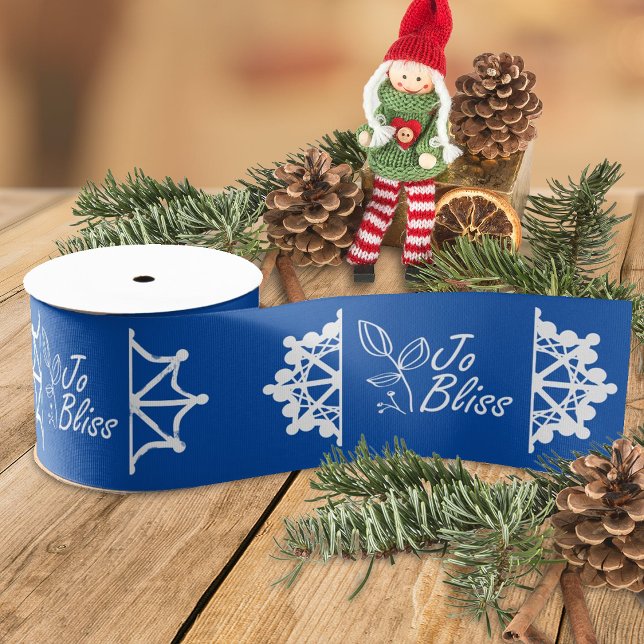 Firmenlogos, Schneeflocken - Helles blaues Geschen Ripsband (blue and white company holiday gift ribbon with business logo, bright blue Christmas gift ribbon)
