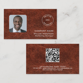 Firmenname Logo Foto QR Code Braun Imitat Leder Visitenkarte