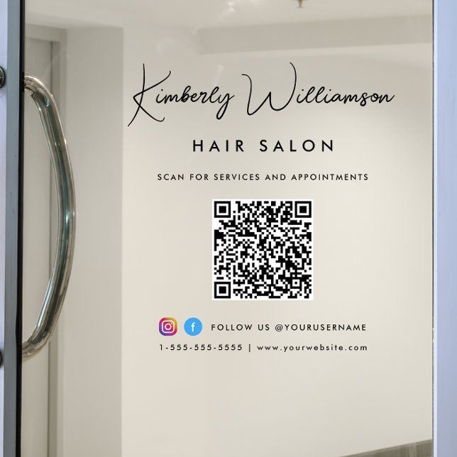 Firmenname Stilvolle Signatur-Script QR-Code Fensteraufkleber (Elevate your business with a signature script logo, QR code and social media window cling sign)