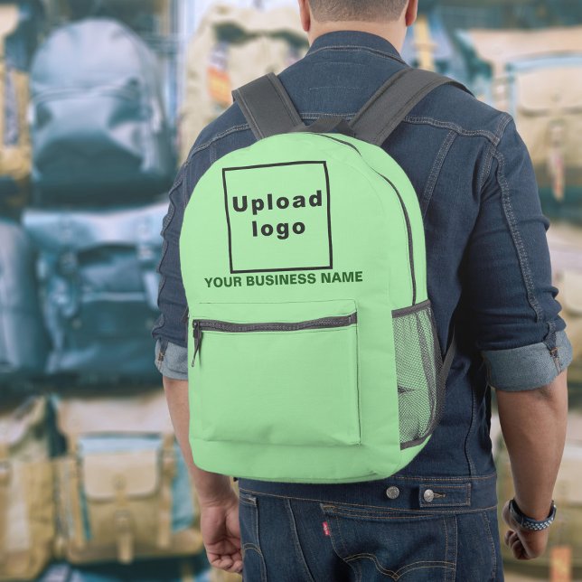 Firmenname und Logo auf dem hellgrünen Rucksack (Build brand name awareness. Your business name and logo on light green backpack.)
