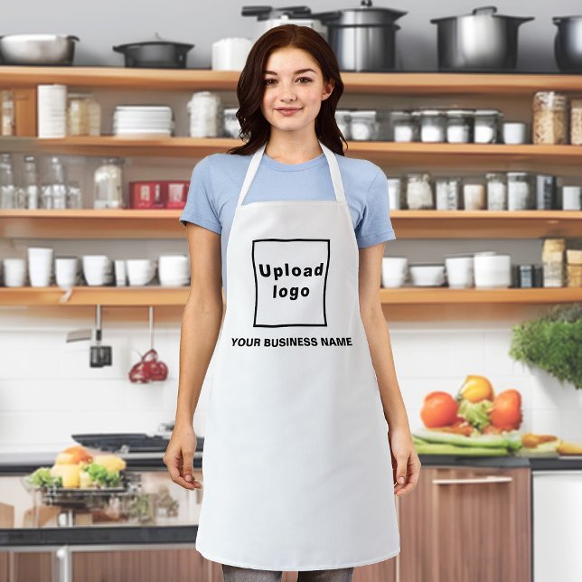 Firmenname und Logo auf der Schürze des Weißpolyes (Your business name and logo on white apron.)