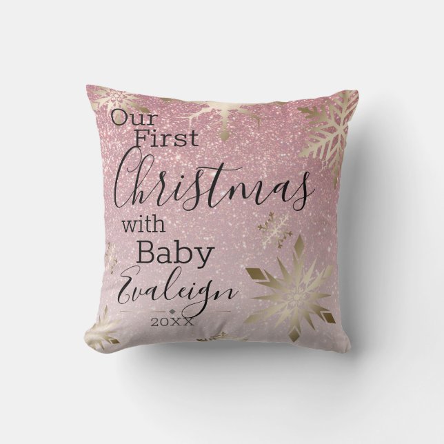 First Baby Christmas Custom Pink Glitzer Gold Kissen (Vorderseite)