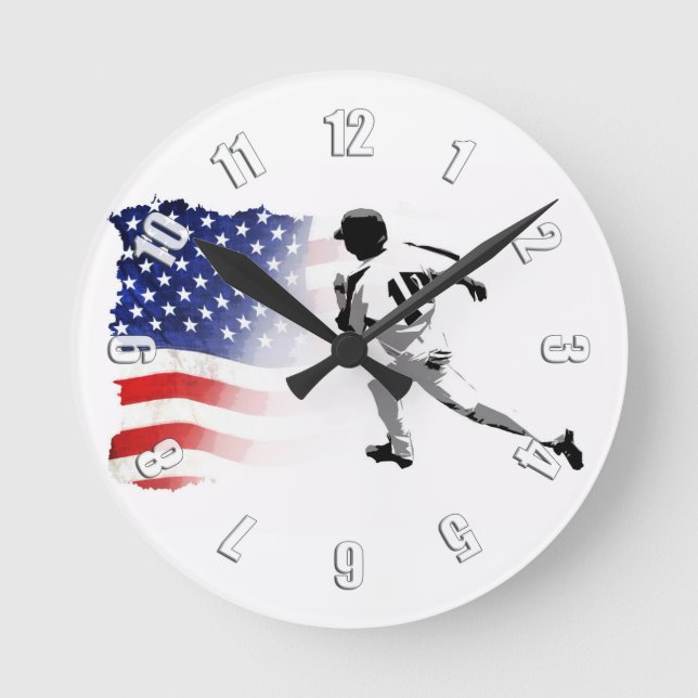 First Base Run - Baseball Player und US-Flagge Runde Wanduhr (Vorderseite)