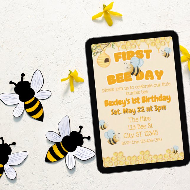 First Bee Day, Bumble Bee 1st Birthday Einladung (Von Creator hochgeladen)