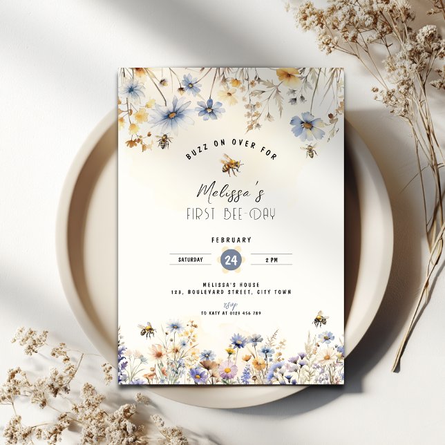 First Bee Day - Floral 1st Birthday Invitation Einladung (First bee-day birthday invitation with flowers and bee's.)