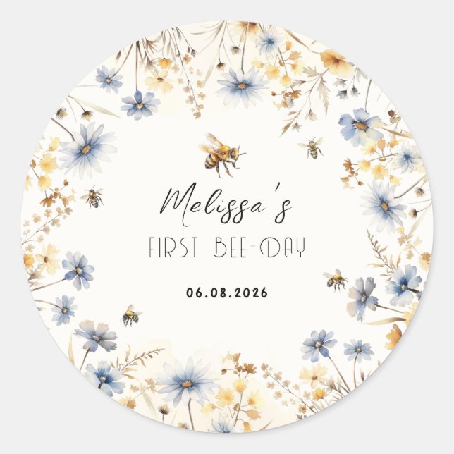 First Bee Day - Floral 1st Birthday  Runder Aufkleber (Vorderseite)