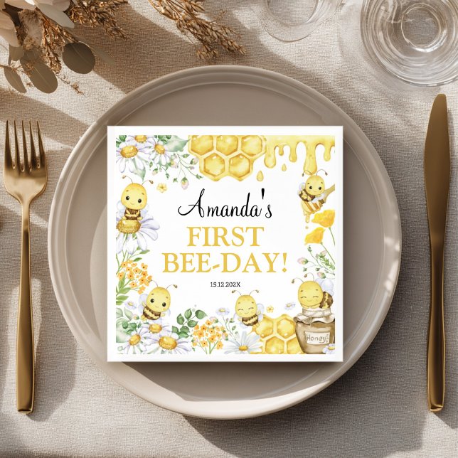 First Bee Day Floral Bumblebee Birthday Party Serviette (Von Creator hochgeladen)