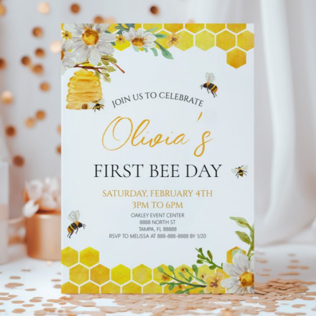 First Bee Day Floral Honey Bee 1st Birthday Party Einladung (Von Creator hochgeladen)