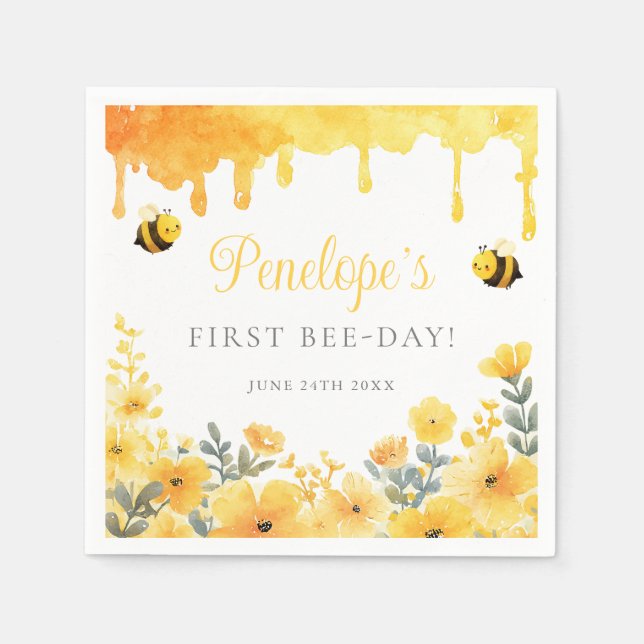 First Bee Day Yellow Wildflowers 1st Birthday Serviette (Vorderseite)