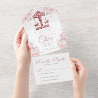 First Birthday Carousel Floral Glitzer All In One Einladung