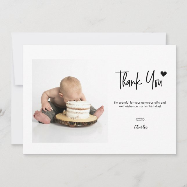 First Birthday Custom Photo Modern handlettering  Dankeskarte (Vorderseite)