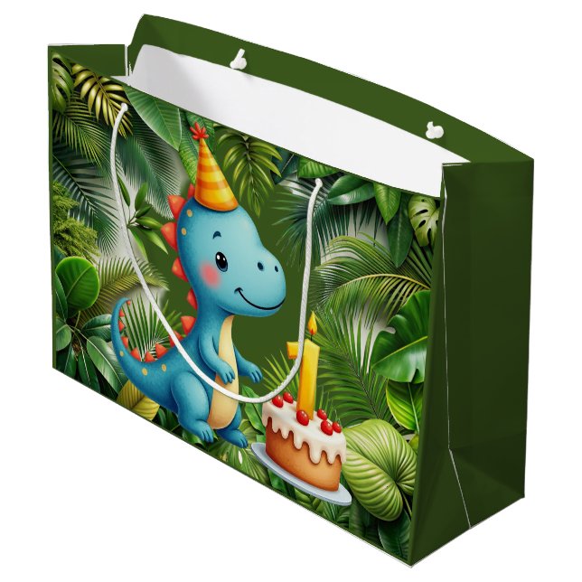 First Birthday Dino  Große Geschenktüte (Rückseite Schrägansicht)