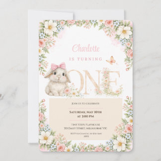 First Birthday Invitation Bunny Floral