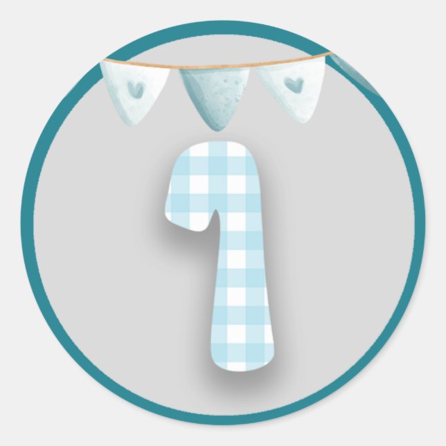 First Birthday Party Sticker Blue Gingham Kariert (Vorderseite)