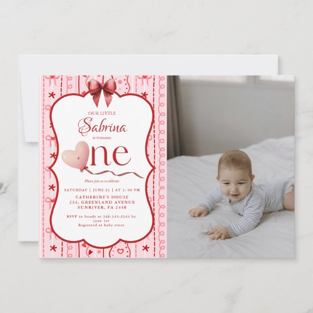 First Birthday valentine baby birthday party Einladung (Vorderseite)