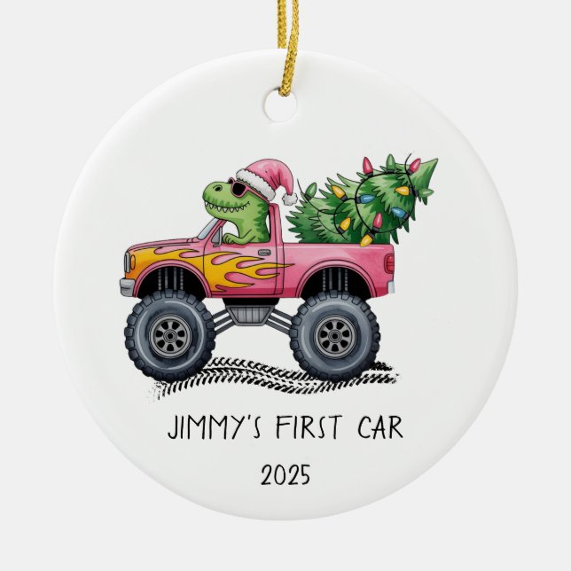 First Car Personalized Dinosaur Monster Truck Keramik Ornament (Vorne)