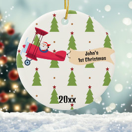 First Christmas Airplane & Santa Trees Boy Custom Keramik Ornament