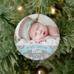 First Christmas Aqua Blue Baby Boy Foto Keramik Ornament<br><div class="desc">"Mein erstes Weihnachtsbanner" und das Schneeflocken-Foto-Ornament-Design können mit dem Namen und Geburtsjahr des Babys personalisiert werden. Enthält ein zweites Foto auf der Rückseite. Aqua / aquamarin Blau,  Grau und Weiß.</div>