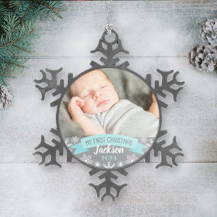 First Christmas Aqua Blue Baby Boy Foto Schneeflocken Zinn-Ornament