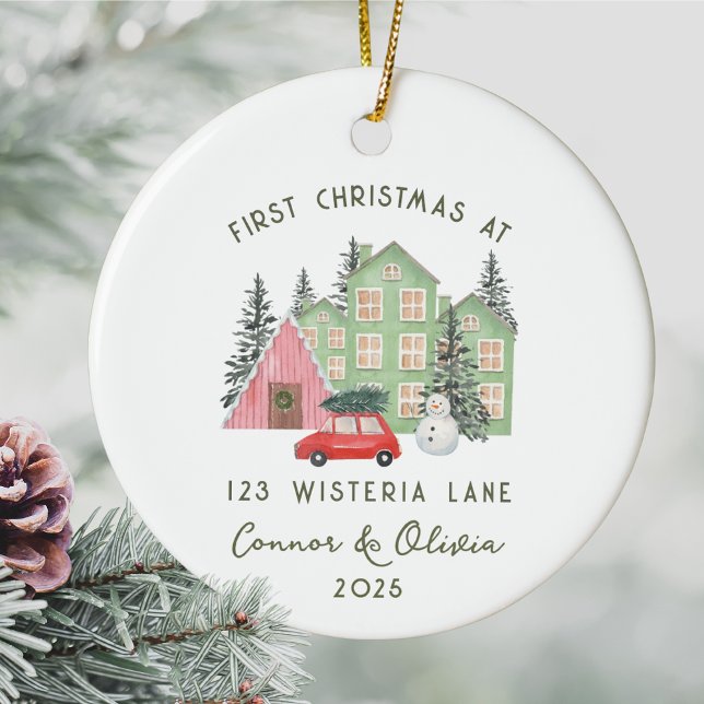 First Christmas at New Home Personalized Address Keramik Ornament (First Christmas at Personalized Address New Home Ornament Custom Name Year Housewarming House Gift)