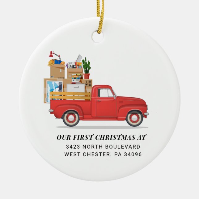 First Christmas At New Home Red Loaded Truck Keramik Ornament (Vorne)