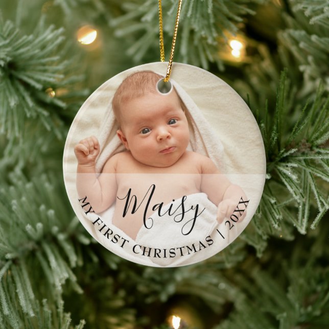 First Christmas Baby 2 Photo Script Name Keramik Ornament (Baum)