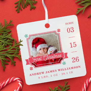 First Christmas Baby Birth Stats Foto Candy Cane Ornament Aus Metall