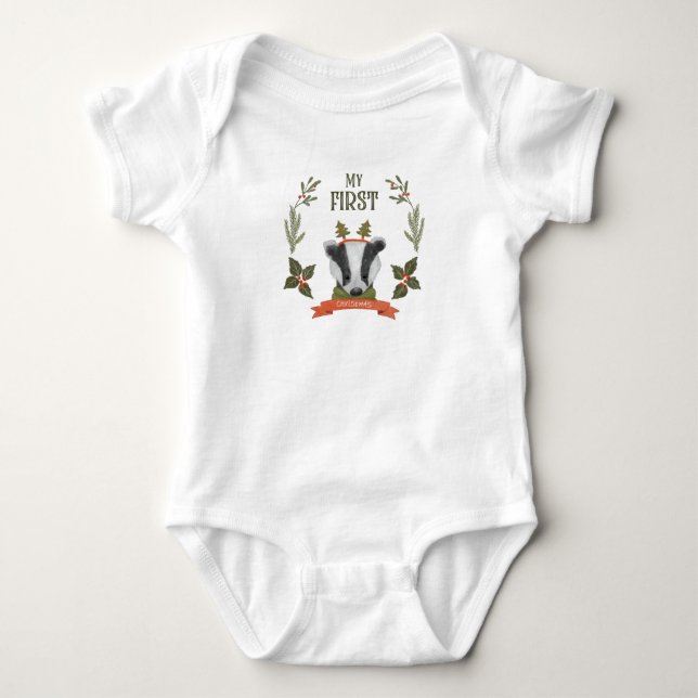 First Christmas Baby Body Anzug - Niedlich Badger Baby Strampler (Vorderseite)