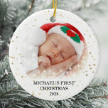 First Christmas Baby Boy Foto Keramik Ornament<br><div class="desc">Dieses niedliche Weihnachtsschmuck ist mit goldenen Sternen auf weißem Hintergrund dekoriert. Einfache Anpassung an den Namen,  das Jahr und das Foto des Babys. Bitte beachten Sie,  dass die kleinen weißen Sterne nicht im Design enthalten sind.</div>