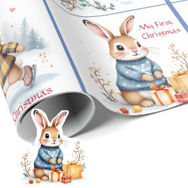 First Christmas Baby Boy's Name Winter Bunnies Geschenkpapier