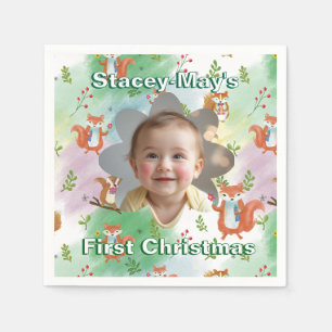 First Christmas Baby Foto Pillow Woodland Animal Serviette