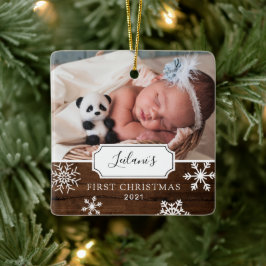 First Christmas Baby Foto von Snow Wood Keramikornament
