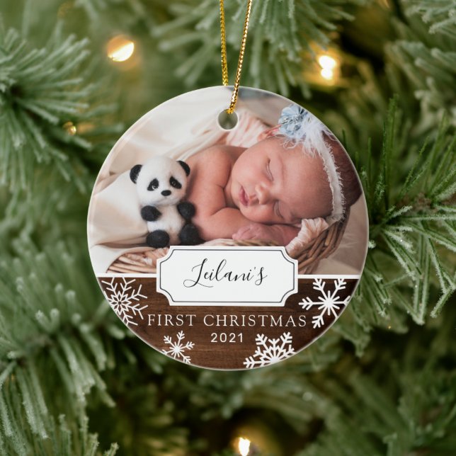 First Christmas Baby Foto Wood Keramik Ornament (Baum)