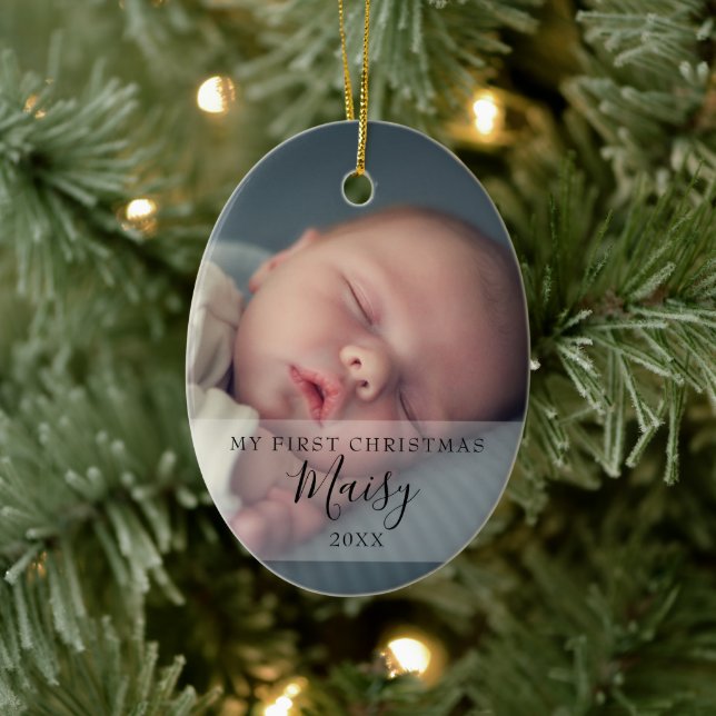 First Christmas Baby Fotos Elegantes Script Keramik Ornament (Baum)