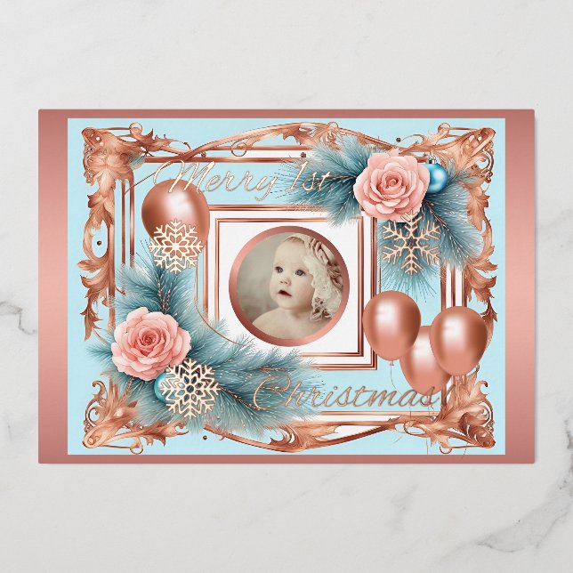 First Christmas Baby Girl Pastel Rose Gold Retro Folieneinladung (Vorderseite)