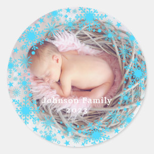 First Christmas Baby Girl Snowflake Frame Foto Runder Aufkleber