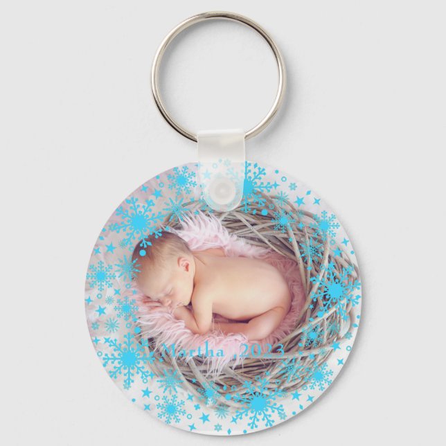 First Christmas Baby Girl Snowflake Frame Foto Schlüsselanhänger (Vorderseite)