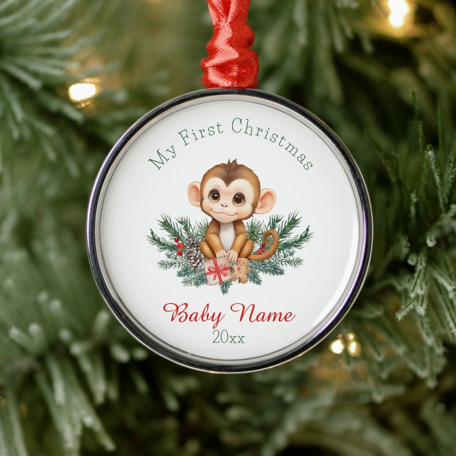 First Christmas Baby Monkey Individuelle Name Keep Ornament Aus Metall (Von Creator hochgeladen)
