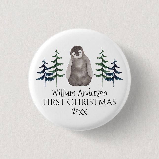 First Christmas Baby Penguin & Tree Personalisiert Button (Vorderseite)