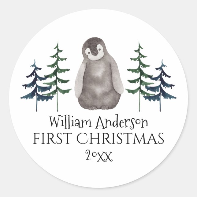 First Christmas Baby Penguin & Tree Personalisiert Runder Aufkleber (Vorderseite)