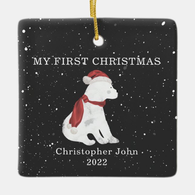First Christmas Baby Polar Bear Dark Gray Snow Keramikornament (Vorderseite)