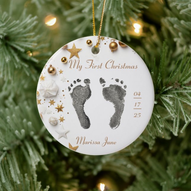 First Christmas Baby's Foot Prints Name Foto Star Keramik Ornament (Baum)