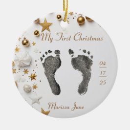 First Christmas Baby's Foot Prints Name Foto Star Keramik Ornament