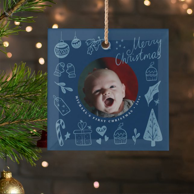First Christmas Blue Cute Hand Drawn Doodles Ornament Aus Glas (Von Creator hochgeladen)