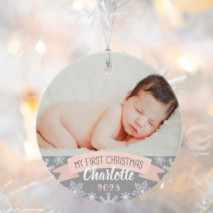 First Christmas Blush Pink Baby Girl Foto Ornament