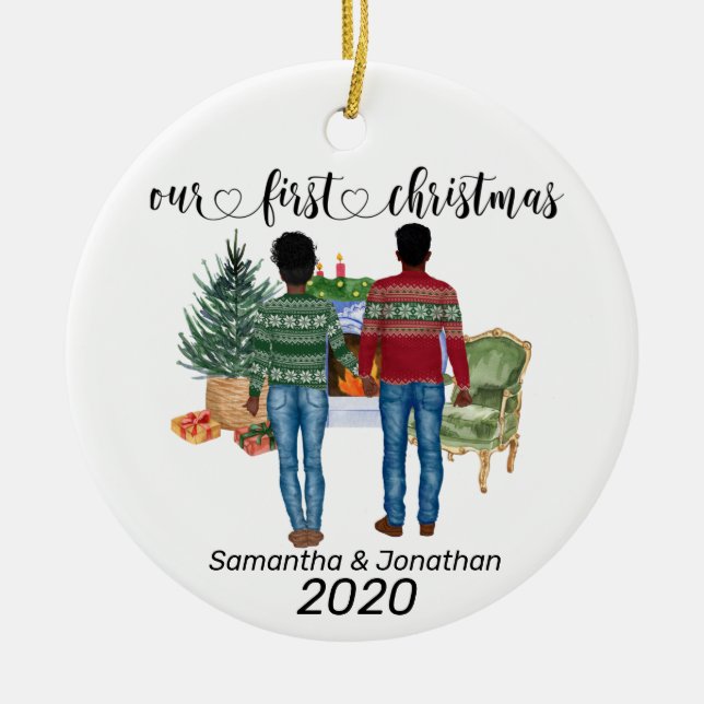 First Christmas Couple African American Newlyweds Keramik Ornament (Vorne)